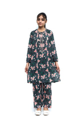 Plum Fine Lawn Soft Black Colour Printed Pink Peach Flowers Embroidered Pink threads On 2 pc suit For Girls.